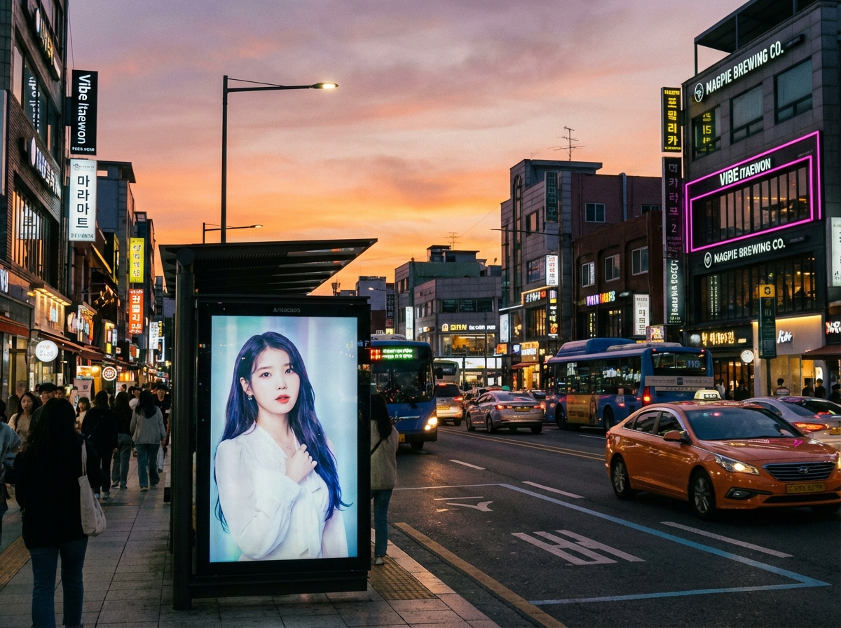 A street view in Itaewon with a bus stop featuring a large promotional poster of a female K-pop artist. The city atmosphere is modern and vibrant. The sky is a soft sunset orange and purple. Realistic lifestyle photography. 4:3
