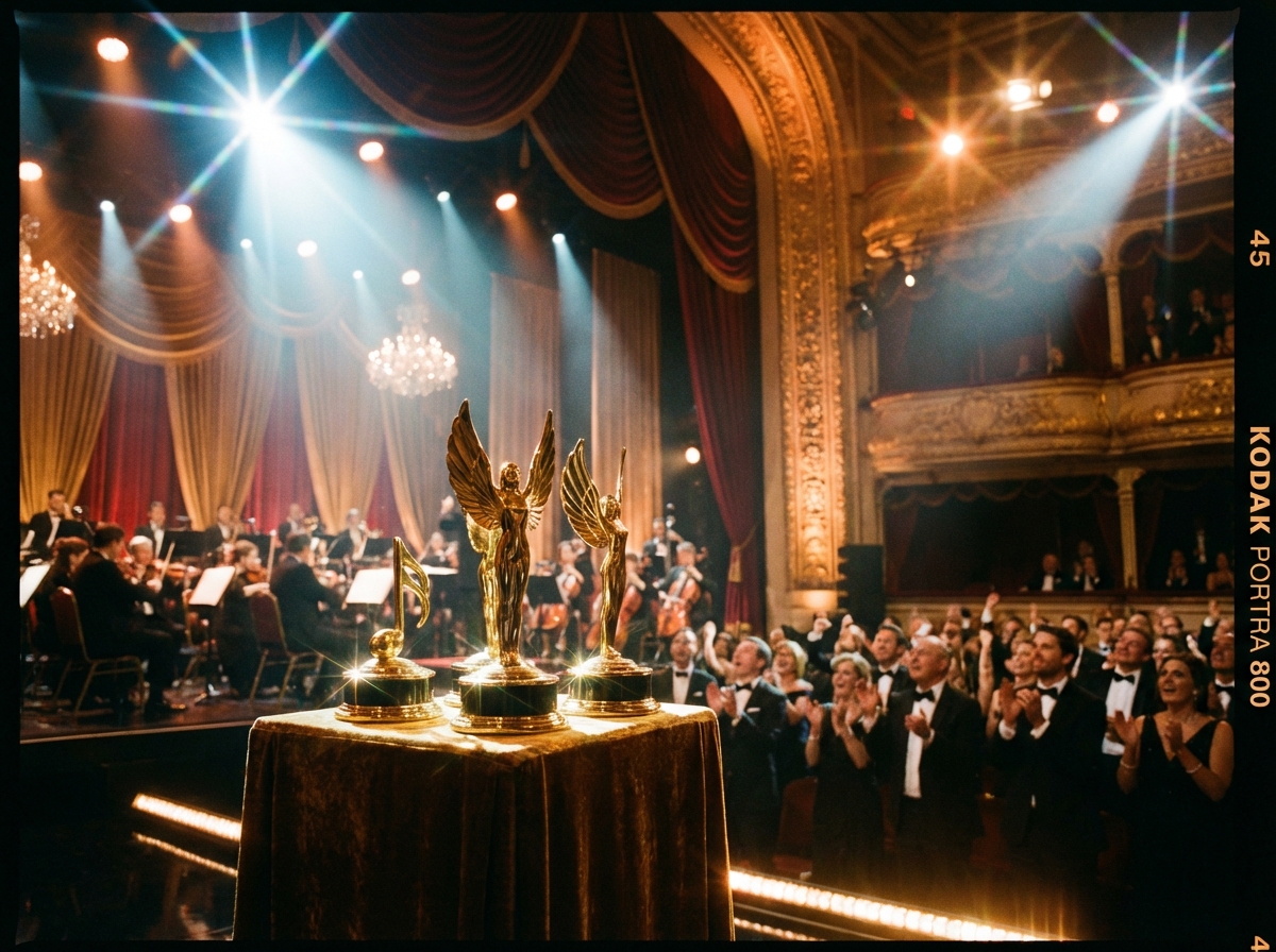 A glamorous musical award ceremony stage with golden trophies on a pedestal, bright stage lighting, cinematic atmosphere, high contrast, theater interior background, 4:3