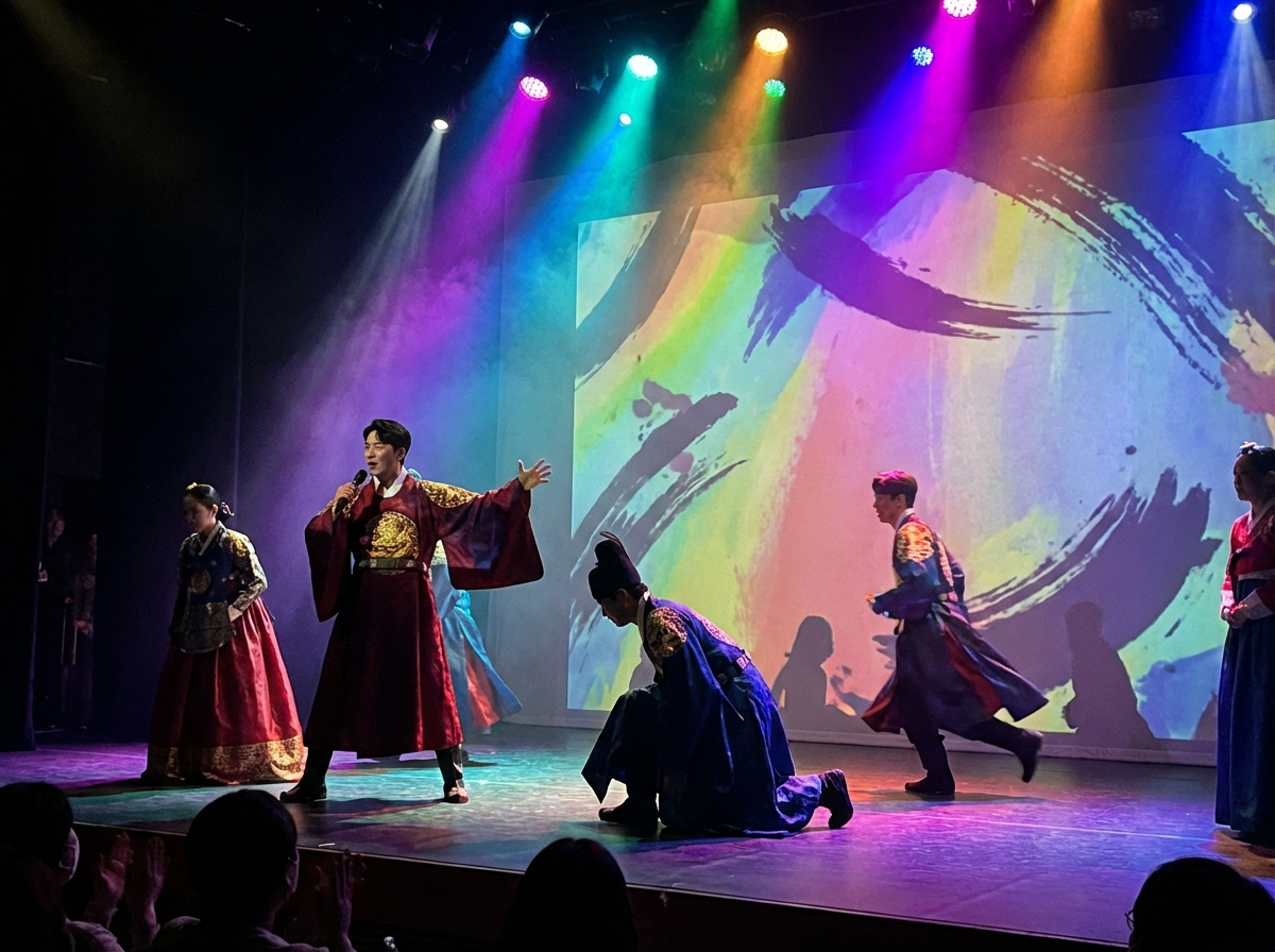 A dramatic scene from a Korean creative musical on stage, actors in elegant costumes including modernized Hanbok, dynamic lighting, professional theatrical setting, lifestyle photography, 4:3