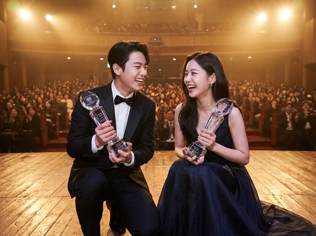 Young Korean male and female actors in formal evening wear holding awards on a stage, joyful expressions, blurred theater audience in the background, warm lighting, natural setting, 4:3