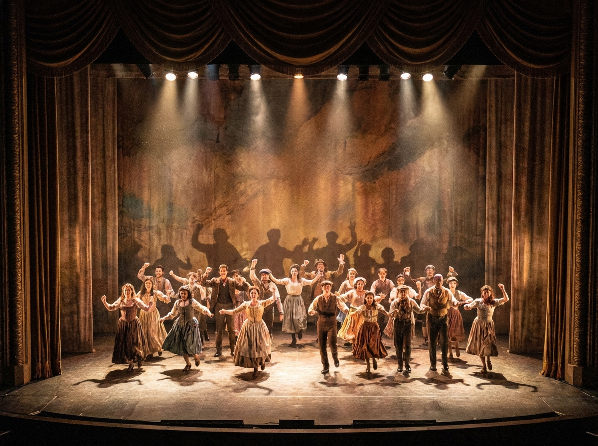 A large ensemble of musical actors performing a powerful group dance on a grand stage, dramatic shadows and spotlights, textured background, artistic rendering, 4:3