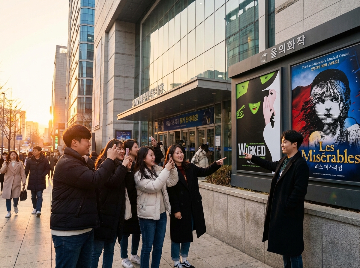 Korean fans looking at musical posters outside a modern theater building, sunset warm lighting, casual city life, lifestyle photography, 4:3