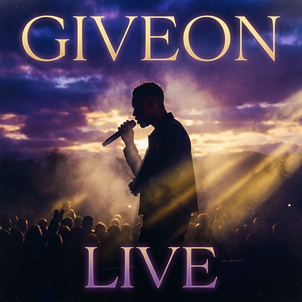 A cinematic concert poster for an R&B artist named GIVEON, featuring a soulful male singer in silhouette against a deep purple and warm gold sunset background, elegant typography style without text, atmospheric lighting, 1:1