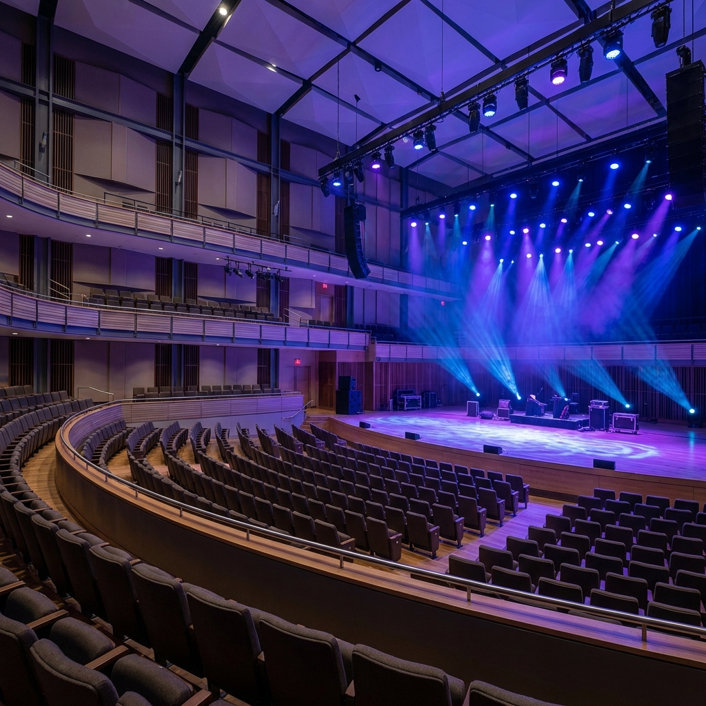 High quality photography of a modern concert hall interior, vibrant stage lights in blue and purple, empty seats waiting for fans, professional music venue atmosphere, 1:1