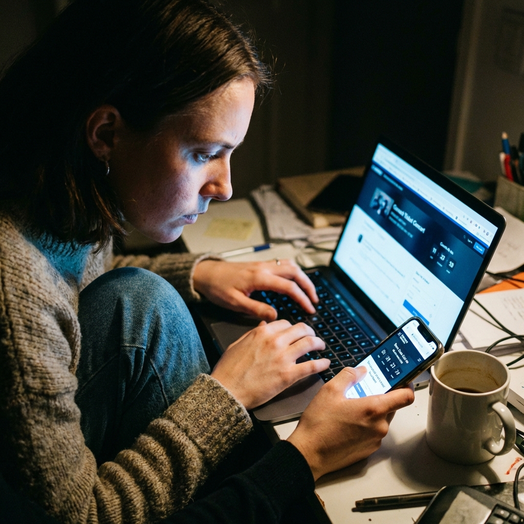 Close up of a person using a laptop and a smartphone simultaneously in a dark room with cool screen light reflected on their face, intense focus on booking tickets, lifestyle photography, 1:1