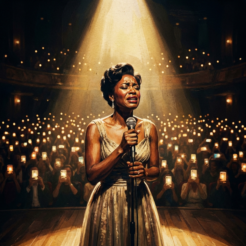 An emotional scene of a soul singer performing on stage under a single warm spotlight, a sea of smartphone lights from the audience in the background, artistic rendering, textured background, 1:1