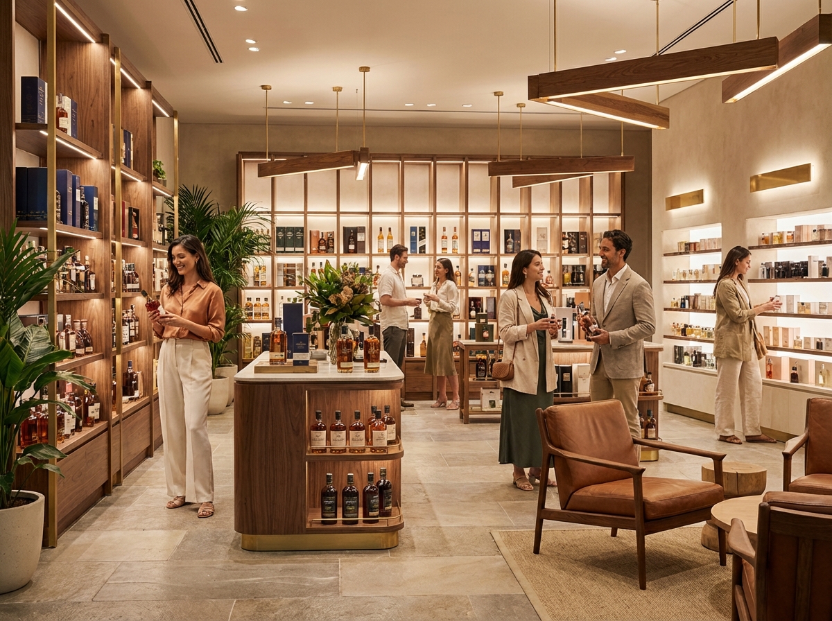 A modern luxury duty free shop interior with warm lighting, shelves of elegant bottles in the background, natural lifestyle photography, 4:3