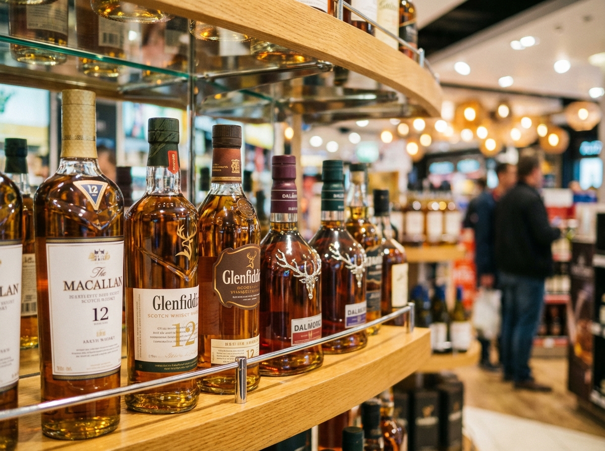 Close up of high end scotch whisky bottles on a wooden shelf in a duty free store, golden amber liquid, reflective glass, shallow depth of field, realistic, 4:3