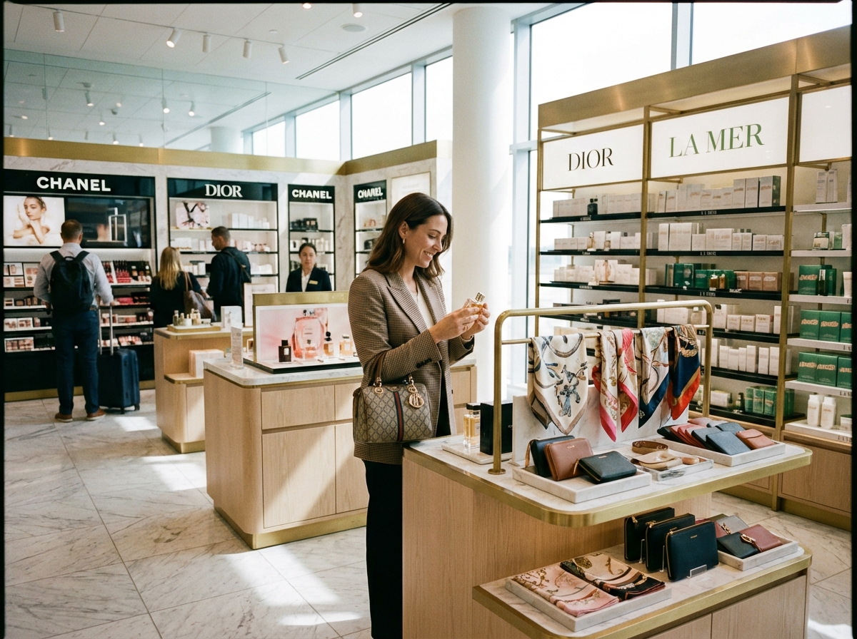 A person looking at luxury cosmetics and small gift items in a bright clean duty free shop, sophisticated interior, lifestyle photography, 4:3