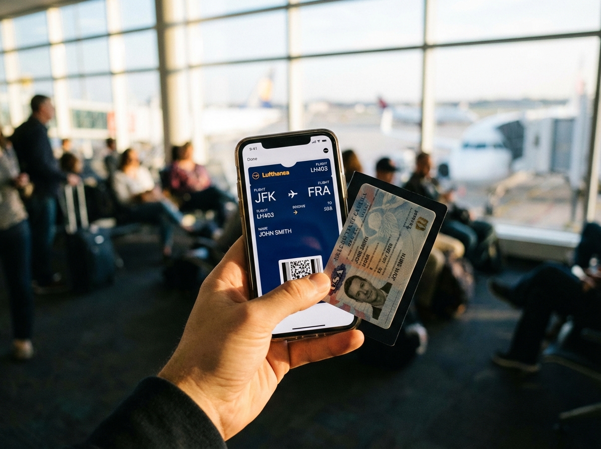A traveler hand holding a digital boarding pass on a smartphone and an ID card near an airport terminal area, blurred background, natural lighting, 4:3