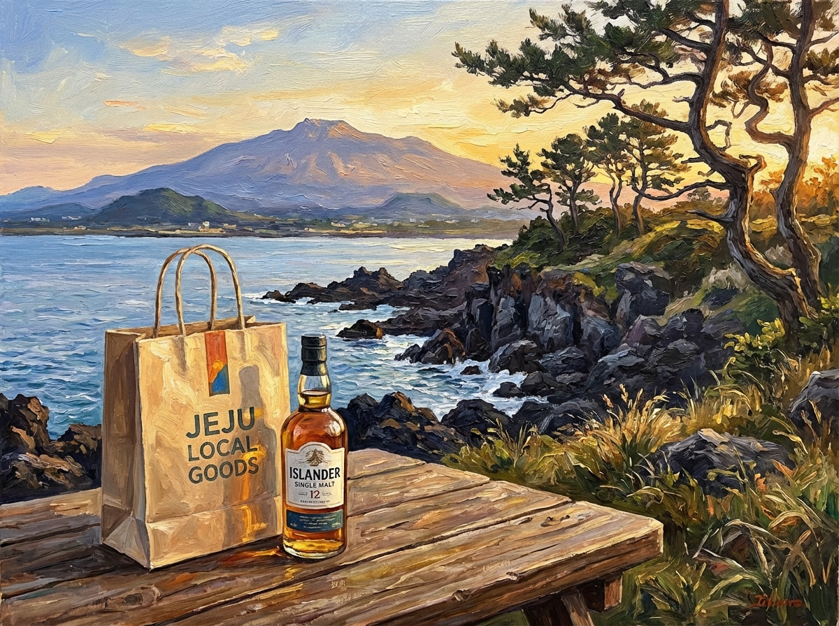 A beautiful Jeju island landscape with a shopping bag and a bottle of whisky on a wooden table, ocean view in the background, artistic rendering, 4:3