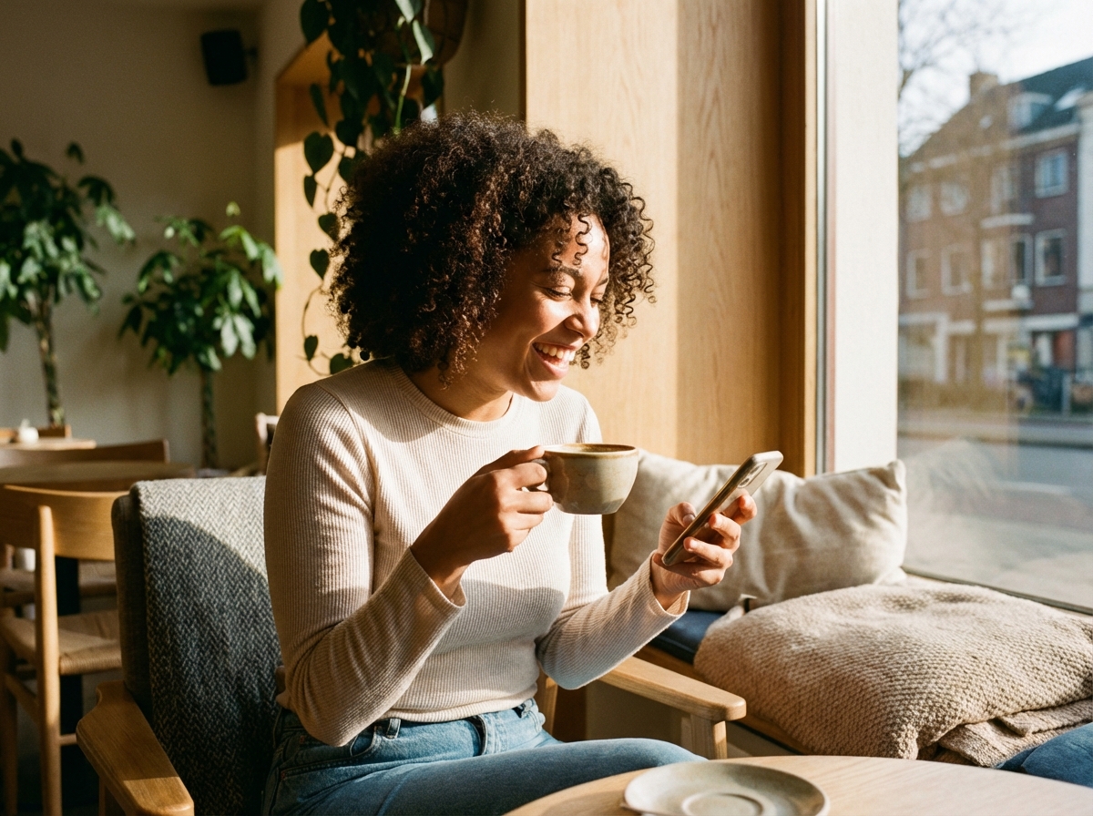 A happy person sitting in a cozy modern cafe, smiling while looking at a smartphone and holding a high-quality coffee cup. Warm sunlight streaming through the window, lifestyle photography, natural lighting, high quality, 4:3