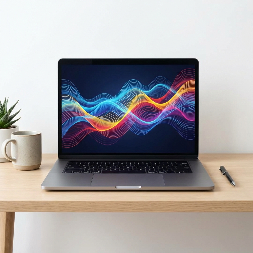 A clean and modern infographic layout showing a laptop screen with colorful abstract wave patterns representing emotions. Minimalist workspace background, high contrast, clean design, professional lighting, no text, 1:1