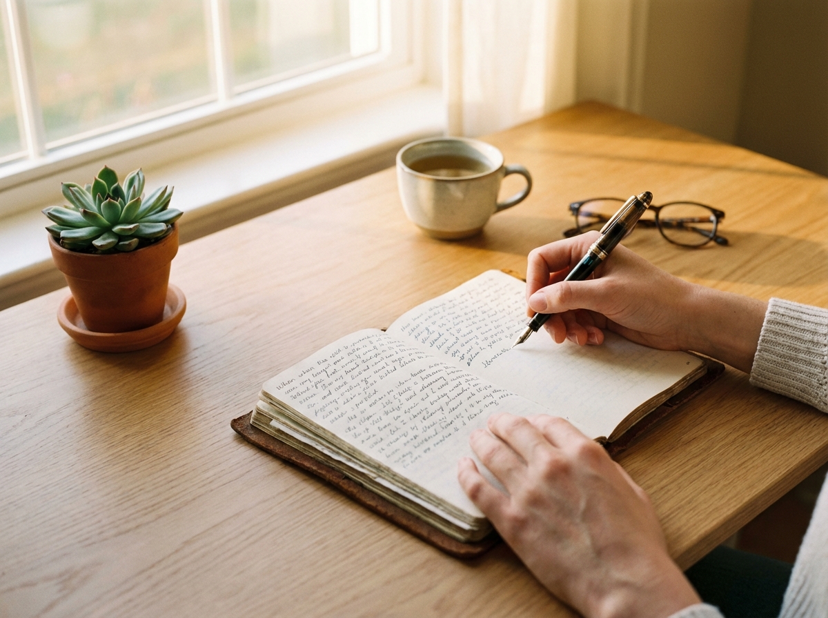 A person's hands calmly writing in a beautiful diary on a clean desk. A small green plant and a cup of tea nearby, soft morning light, peaceful and organized atmosphere, lifestyle photography, 4:3