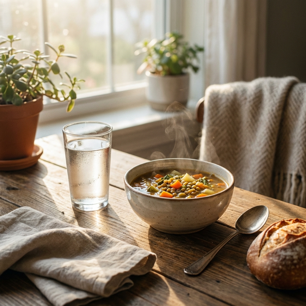 A high-quality lifestyle photograph of a clear glass of water and a bowl of warm soup on a wooden table. Soft morning sunlight, clean and refreshing atmosphere. 1:1