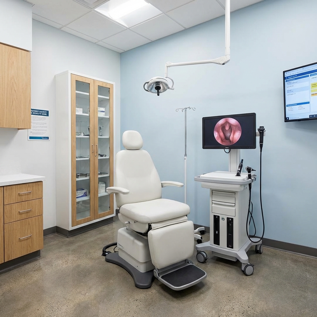 A clean and modern ENT clinic examination room. Medical equipment for throat examination is visible, bright lighting, professional and safe atmosphere. 1:1