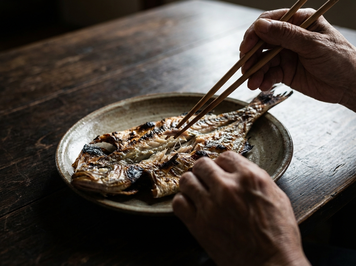 Close-up of hands carefully removing bones from a grilled fish on a plate with chopsticks. High contrast, focus on the action, wooden dining table background. 4:3
