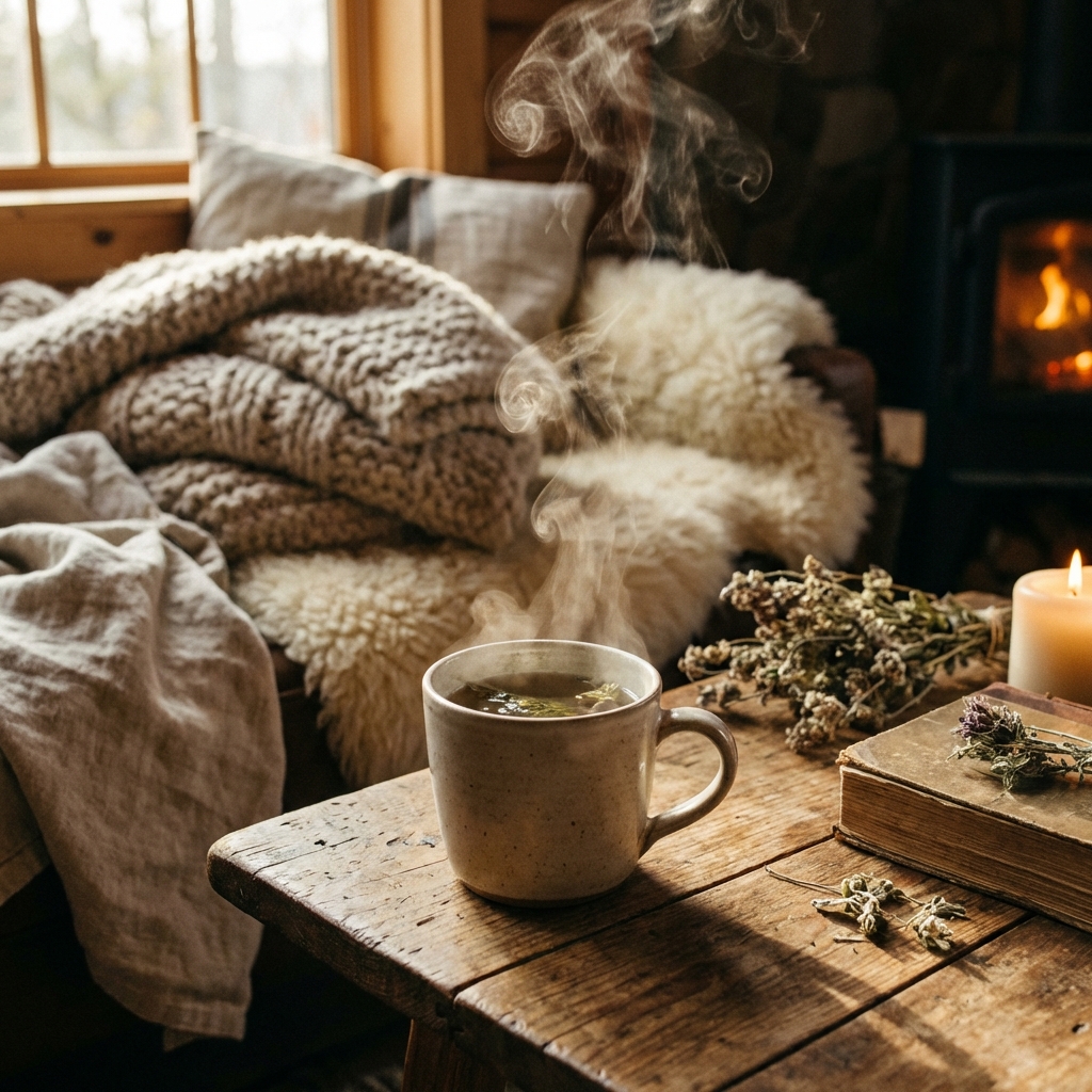 A cozy and warm atmosphere with a cup of herbal tea releasing steam. Soft fabric textures in the background, relaxing and healing vibe. 1:1