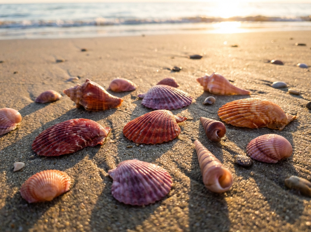 A close-up, high-quality photograph of various colorful sea shells scattered on a sandy beach during sunset, warm lighting, natural setting, no text, 4:3