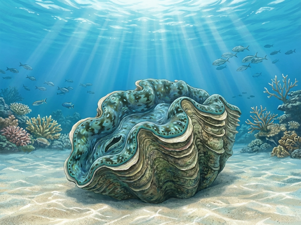 A realistic underwater illustration of a clam at the bottom of the clear blue ocean, sunlight filtering through water, serene atmosphere, no text, 4:3