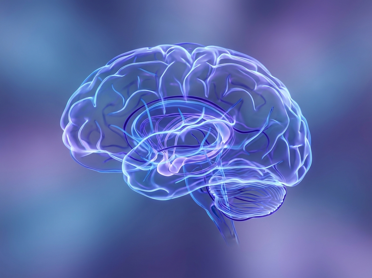 Abstract artistic rendering of human brain neural pathways, focusing on the amygdala area, soft blue and purple gradient background, modern clean style, high contrast, 4:3