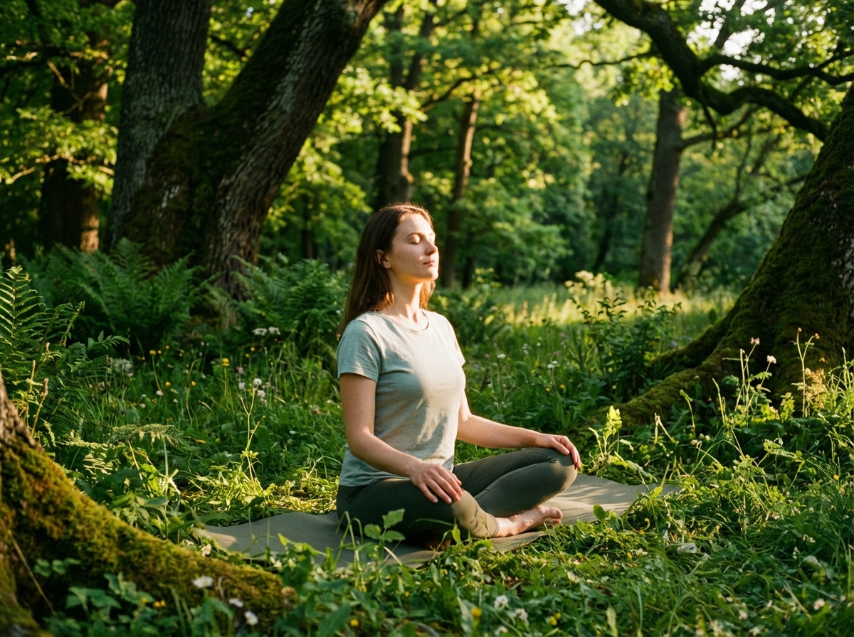 A woman practicing deep breathing exercises in a lush green park, natural sunlight, serene facial expression, cinematic lighting, outdoor setting, 4:3