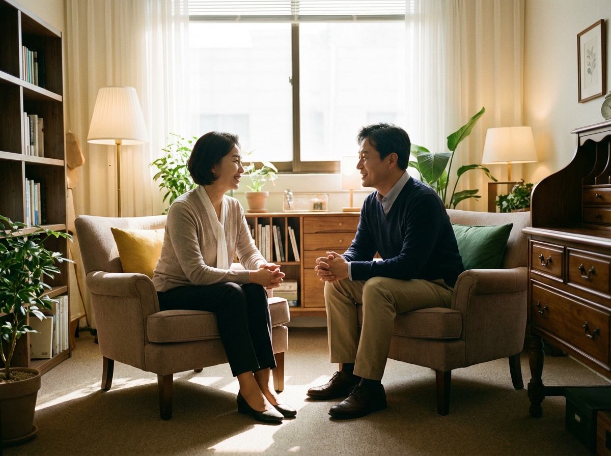 Two people having a supportive conversation in a warm office, comfortable armchairs, soft indoor lighting, empathetic atmosphere, Korean appearance, 4:3