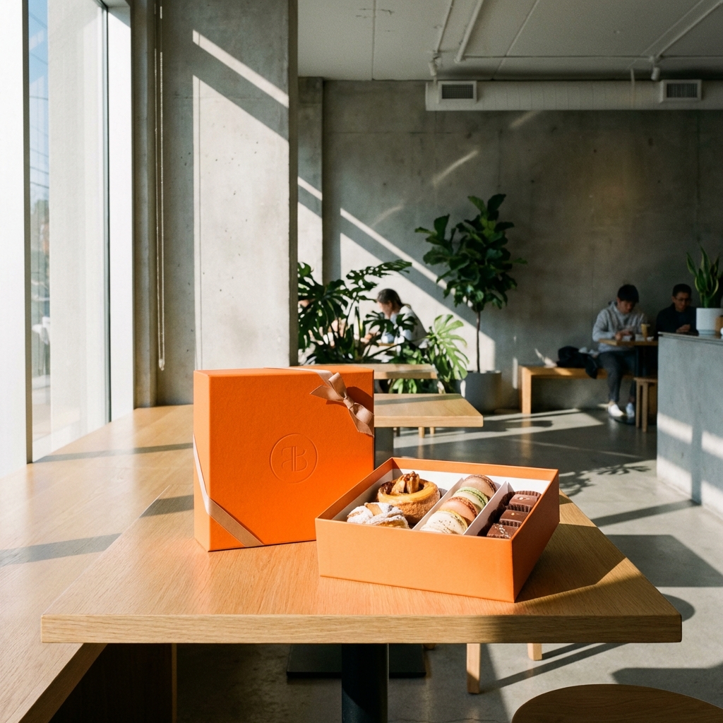 A vibrant orange dessert gift box with a clean design placed on a modern wooden table, soft natural morning light coming through a window, minimalist cafe atmosphere, 1:1