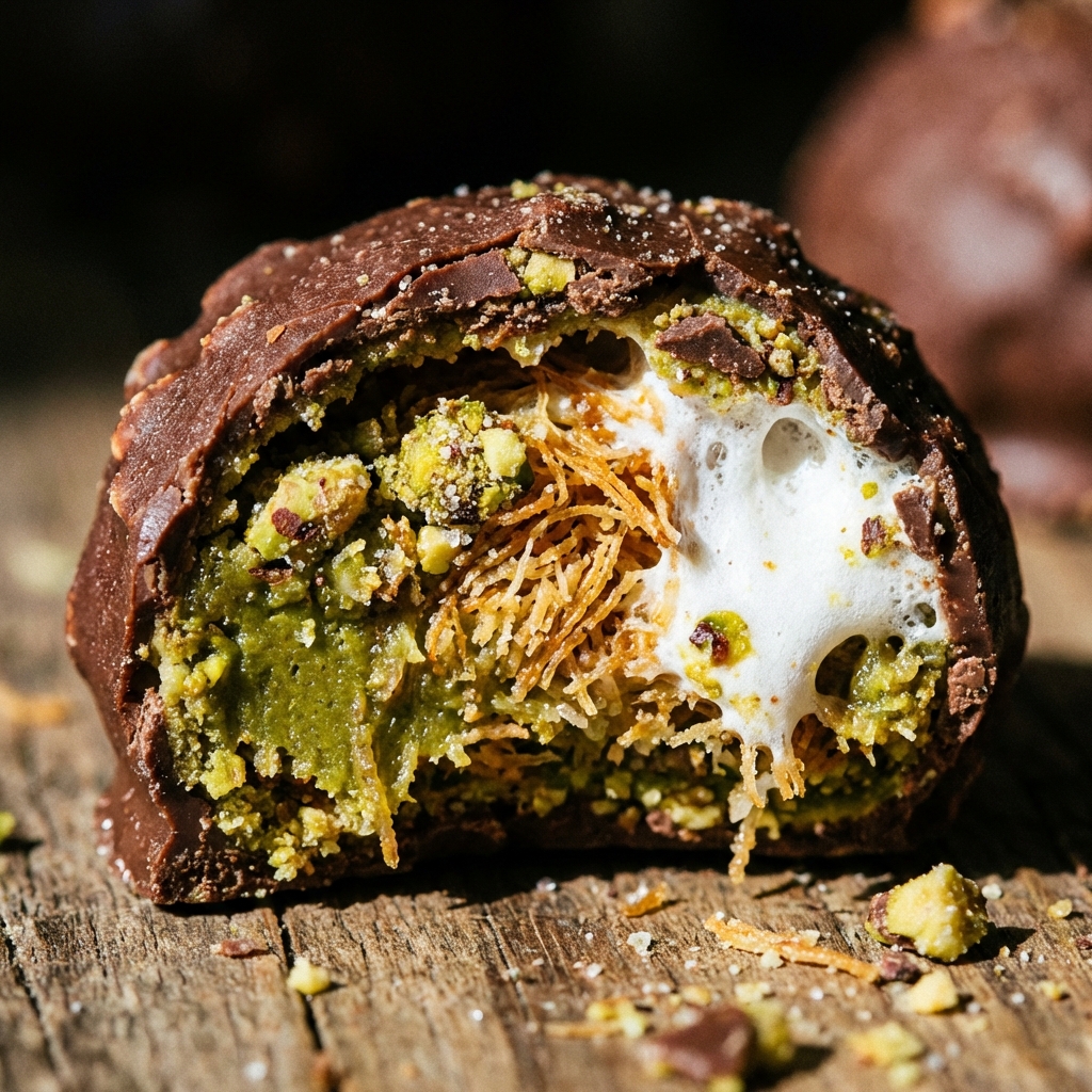Macro photography of a small round chocolate-coated cookie cut in half, revealing a vibrant green pistachio and crunchy kadayif filling mixed with white marshmallow, interior texture is visible, high contrast, 1:1