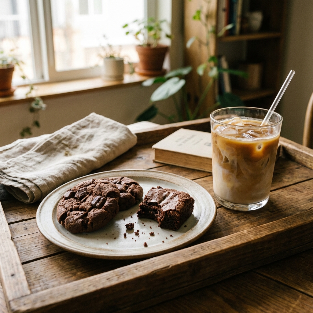 Lifestyle photography of a cozy home cafe setup, a plate of round chocolate cookies and a half-eaten brownie, a glass of iced caffe latte with milk swirls, wooden tray, warm and inviting atmosphere, 1:1
