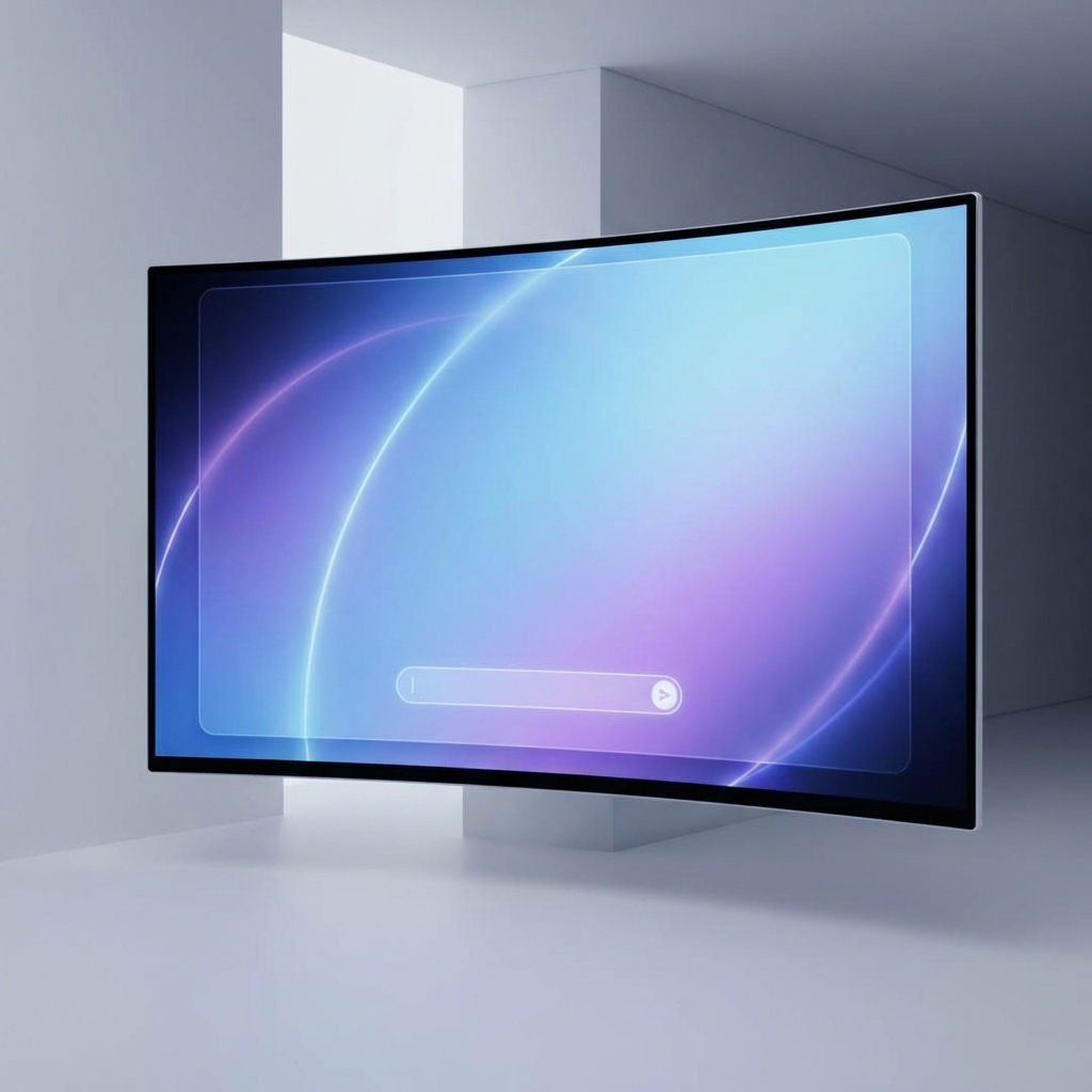 A sleek and modern computer screen displaying a clean AI chat interface with soft blue and purple gradient background. No text visible on screen. High contrast and minimalist design. 1:1