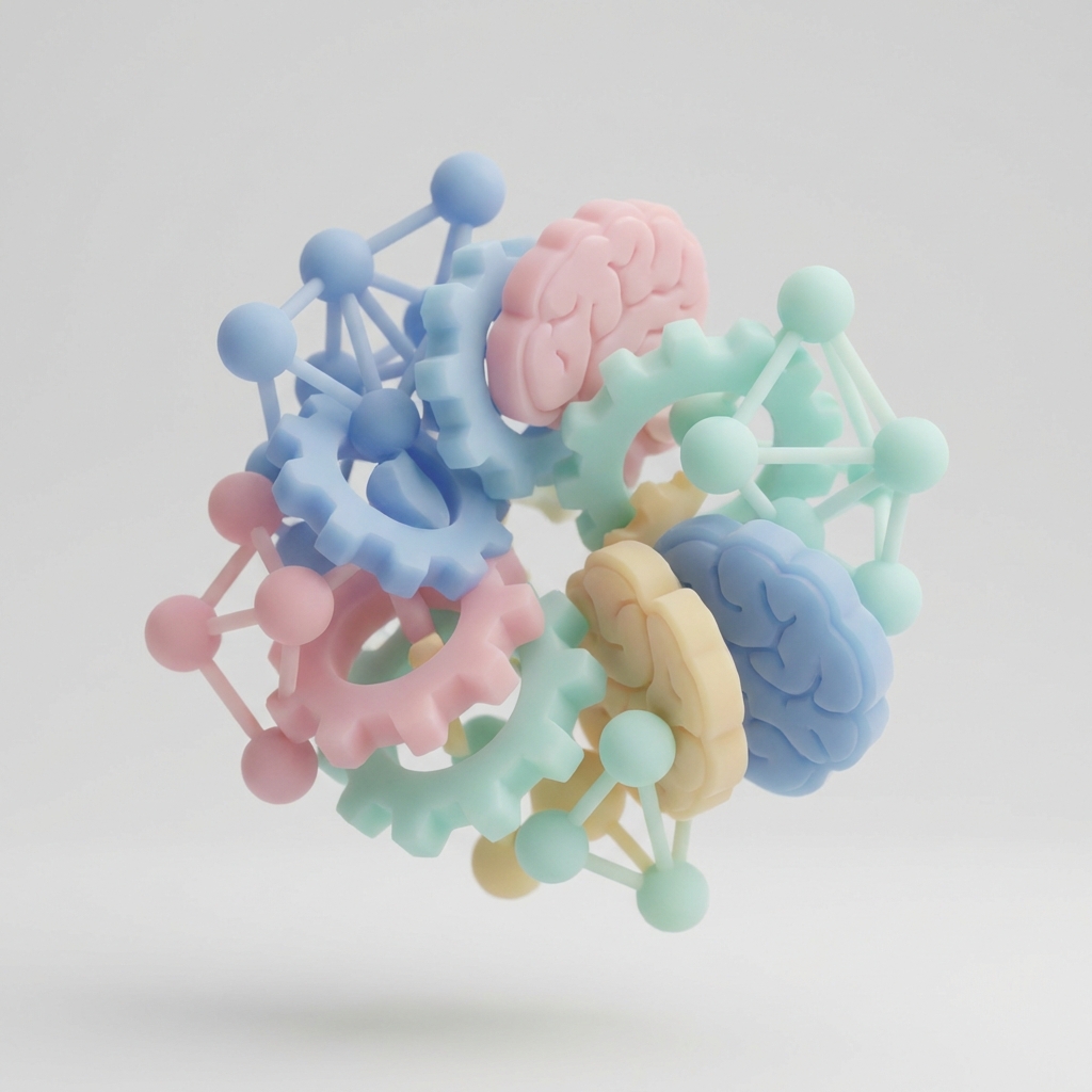 Abstract 3D icons representing different AI processing units or brains coming together. Soft pastel colors with a clean studio background. Visually rich and balanced composition. 1:1