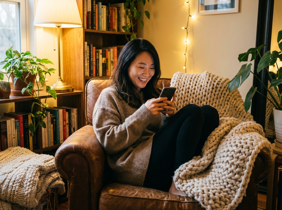 A Korean woman smiling while looking at her smartphone screen in a cozy living room. Warm interior lighting and comfortable atmosphere. High quality lifestyle shot. 4:3