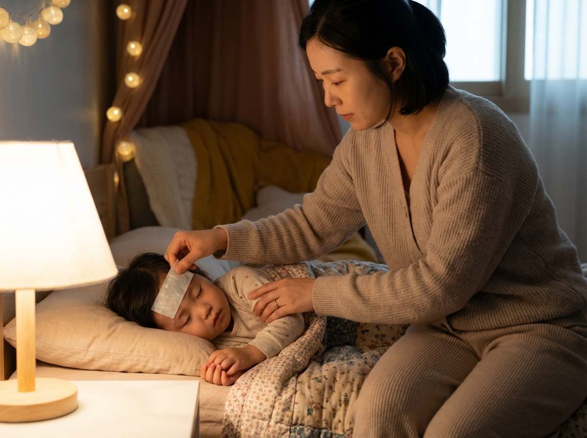 A caring Korean mother gently placing a cooling patch on the forehead of a sleeping toddler in a dimly lit, cozy bedroom at night. Warm atmosphere, lifestyle photography, natural lighting, high quality, 4:3