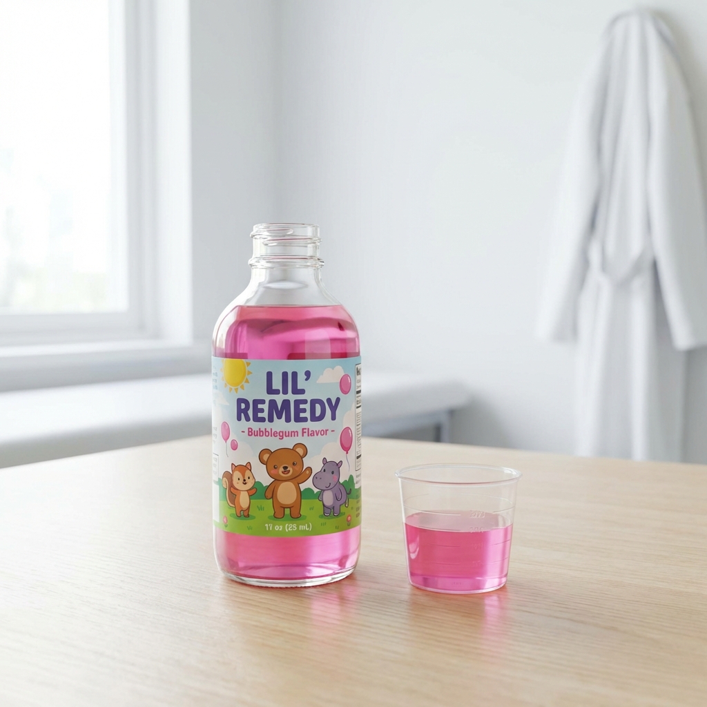 A bottle of pink-colored children's liquid medicine sitting on a wooden table next to a small clear plastic measuring cup. Bright, clean clinical setting, soft natural light, 1:1