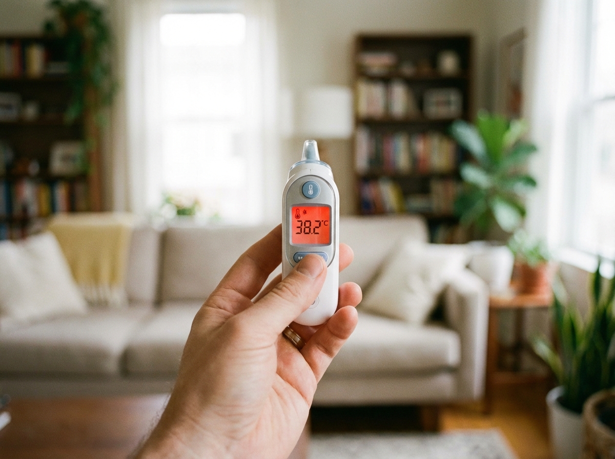 A digital ear thermometer showing a temperature reading held by a hand. Blurred background of a domestic living room, realistic lifestyle, soft focus, 4:3
