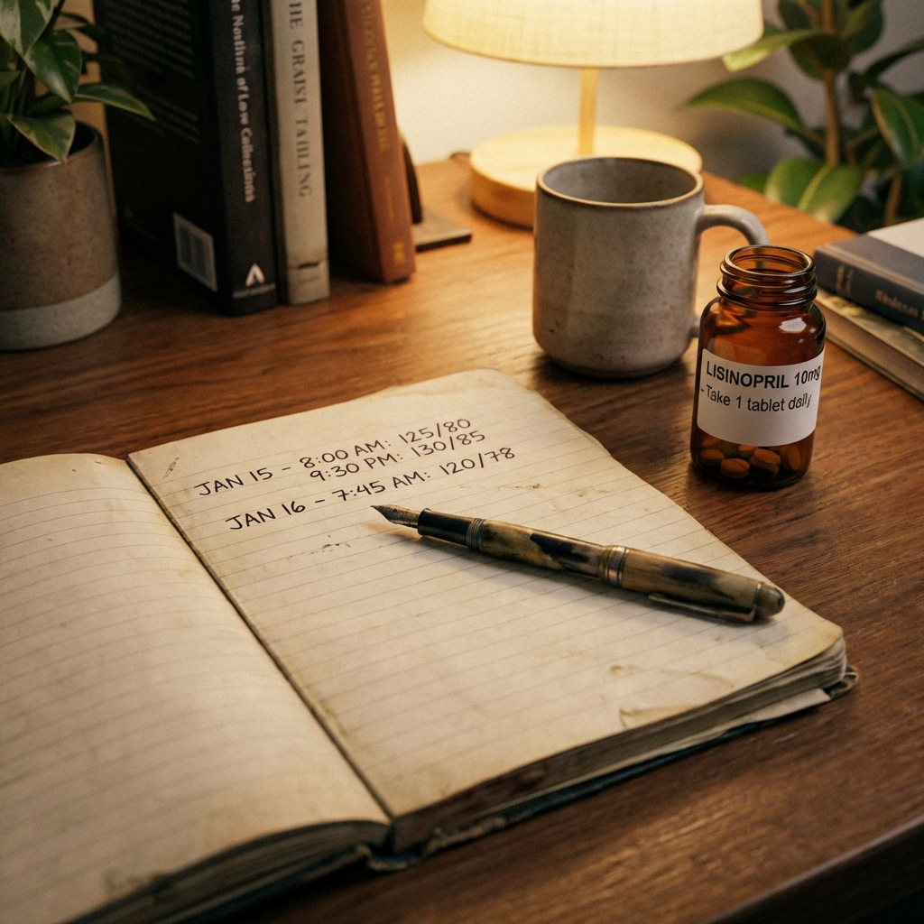 A handwritten notebook on a desk with a pen, showing a simple log of times and numbers. Beside it sits a small bottle of medicine. Cozy home office lighting, high angle view, 1:1