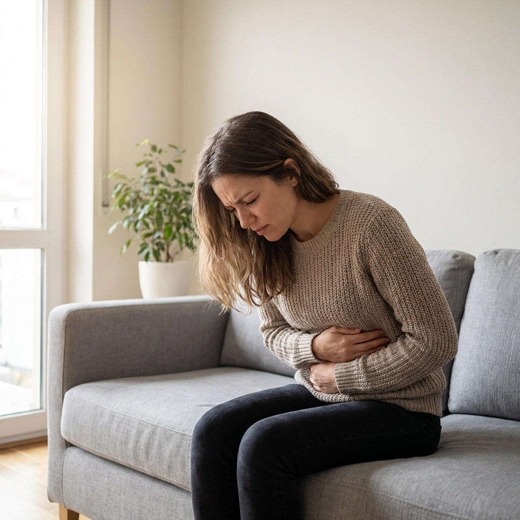 A person sitting on a sofa and holding their upper abdomen with a pained expression, realistic indoor lifestyle photography, natural morning light, clean background, 1:1