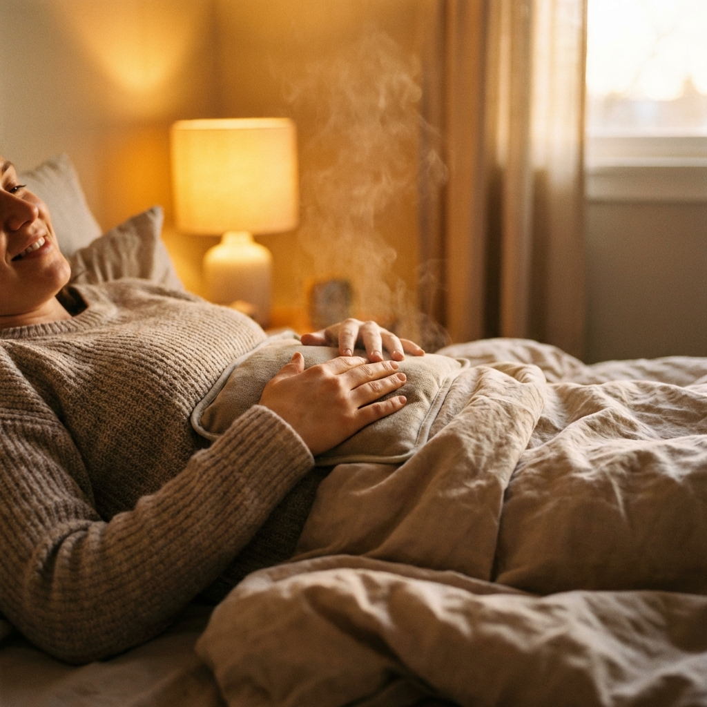 Close up of a person placing a warm heating pad on their stomach while lying down comfortably on a bed, soft warm lighting, cozy atmosphere, 1:1