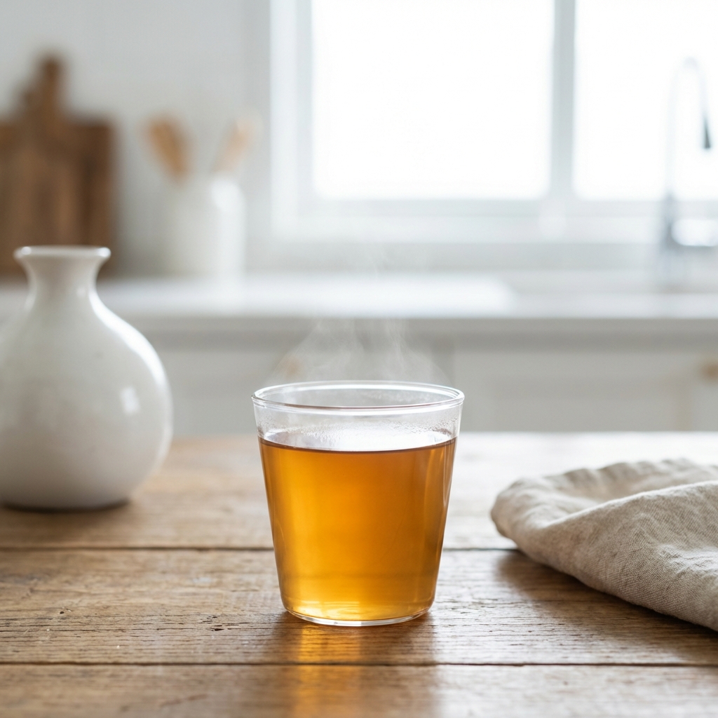 A glass of warm barley tea on a wooden table, steam rising softly, minimalist and clean kitchen background, bright and airy, 1:1