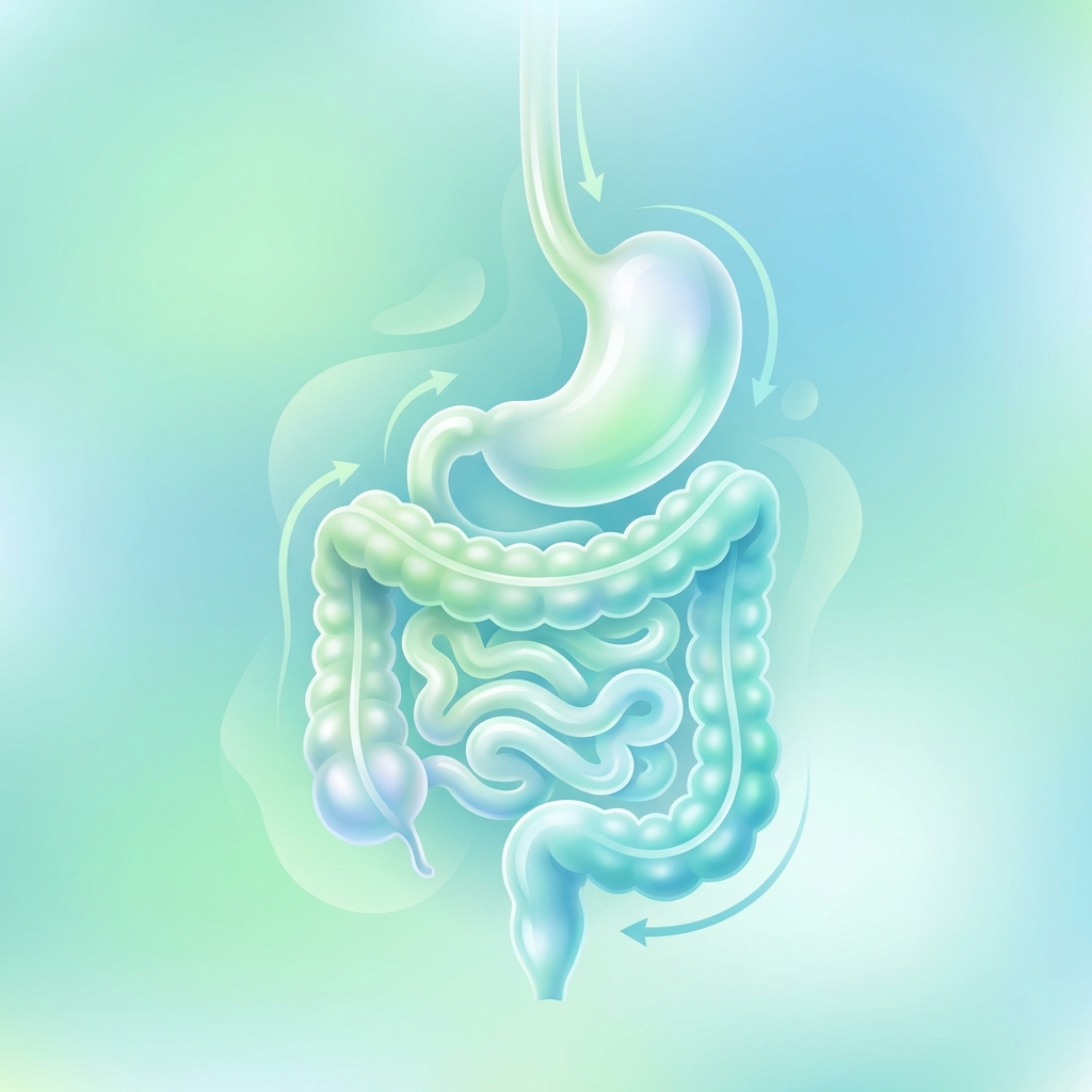 Conceptual illustration of a healthy digestive system with soft green and blue gradients, bright and professional medical graphic style, no text, 1:1