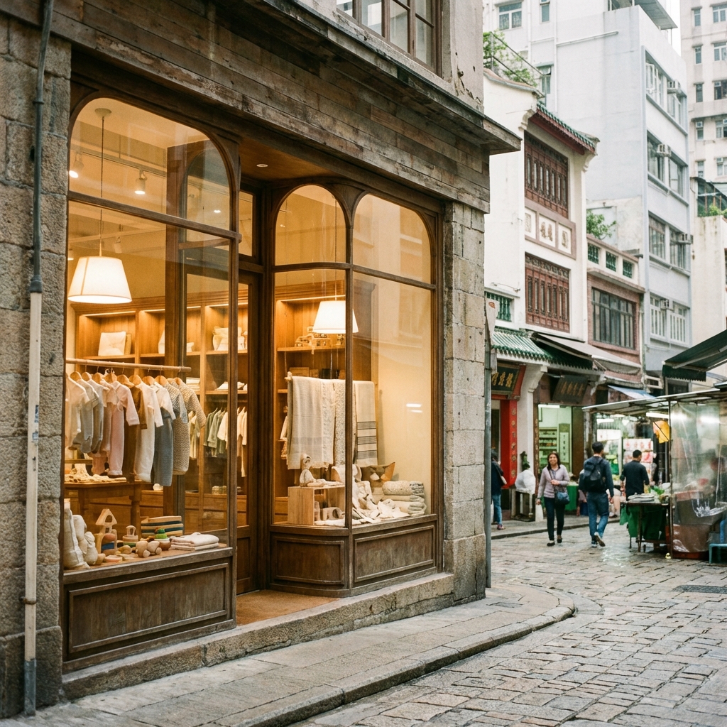 A charming boutique storefront in the Central Soho district of Hong Kong with a warm and inviting atmosphere. The exterior features large glass windows showcasing high-end baby products and elegant displays. The street is a mix of traditional and modern architecture with soft daylight. No text visible. 1:1