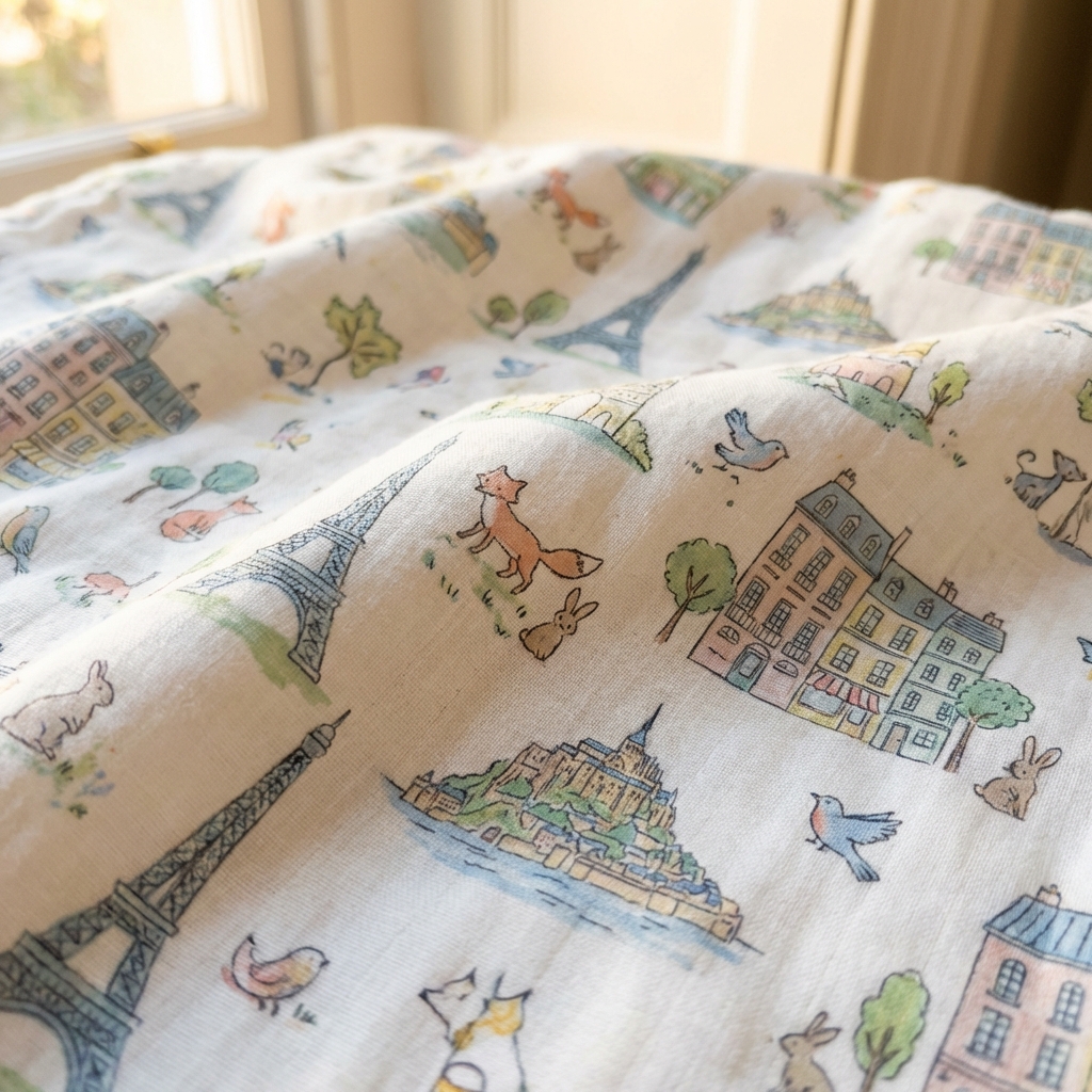 A close-up shot of a high-quality organic cotton baby blanket featuring delicate and artistic illustrations of French architecture and animals. The fabric has a soft texture with a fine weave. The lighting is warm and natural, emphasizing the pastel colors and intricate details. No text visible. 1:1