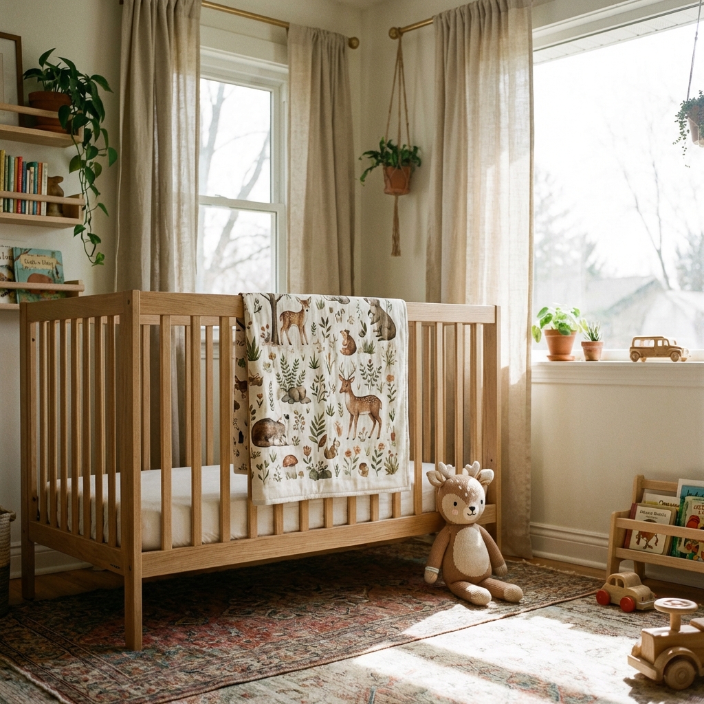 A cozy and stylish nursery room with a wooden crib. A beautifully illustrated baby blanket is draped over the side of the crib. Next to it, a soft plush toy is placed. The room is filled with soft, natural light coming through a window. The atmosphere is peaceful and warm. No text visible. 1:1