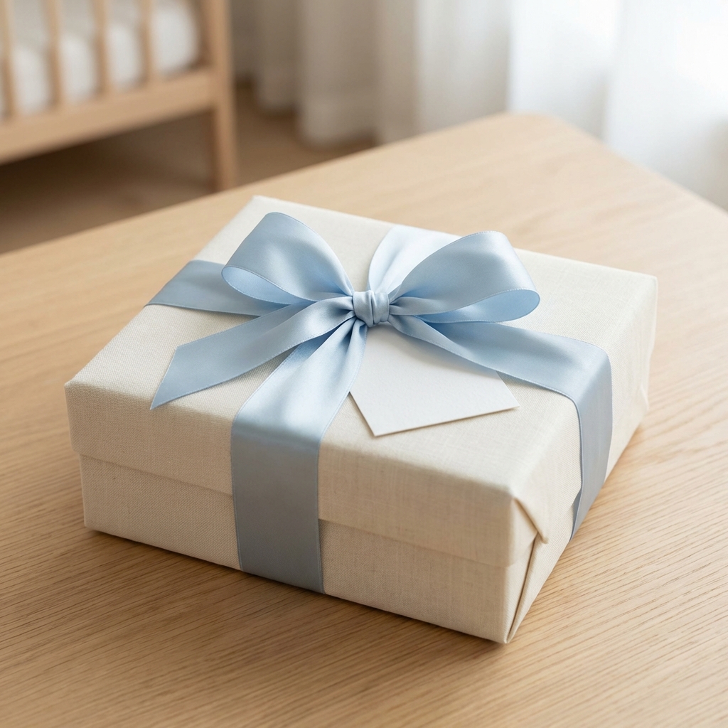 A beautifully wrapped gift box for a baby, tied with a satin ribbon. The packaging is elegant and minimalist, placed on a clean wooden table with a soft focus background. A small greeting card is tucked under the ribbon. The overall feel is premium and thoughtful. No text visible. 1:1