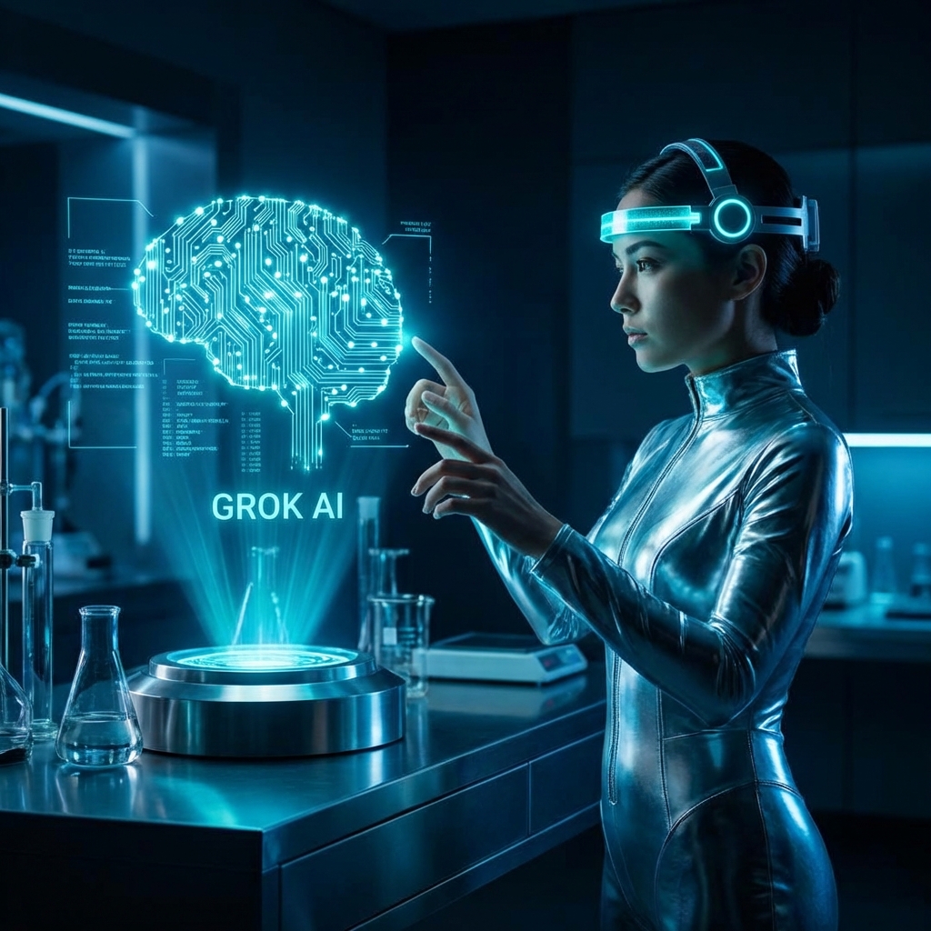 A futuristic human user interacting with a glowing cyan cybernetic brain interface representing Grok AI, cinematic lighting, sleek laboratory background, high contrast, 1:1