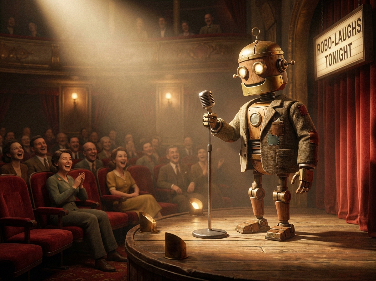 A friendly robot character performing on a small stage with a spotlight, holding a microphone like a stand-up comedian, warm theater atmosphere, 4:3
