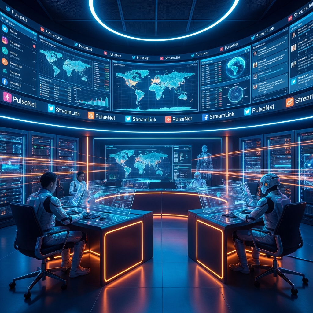 A high-tech digital control room showing real-time data streams and social media feeds, blue and orange neon light, modern interface design, 1:1