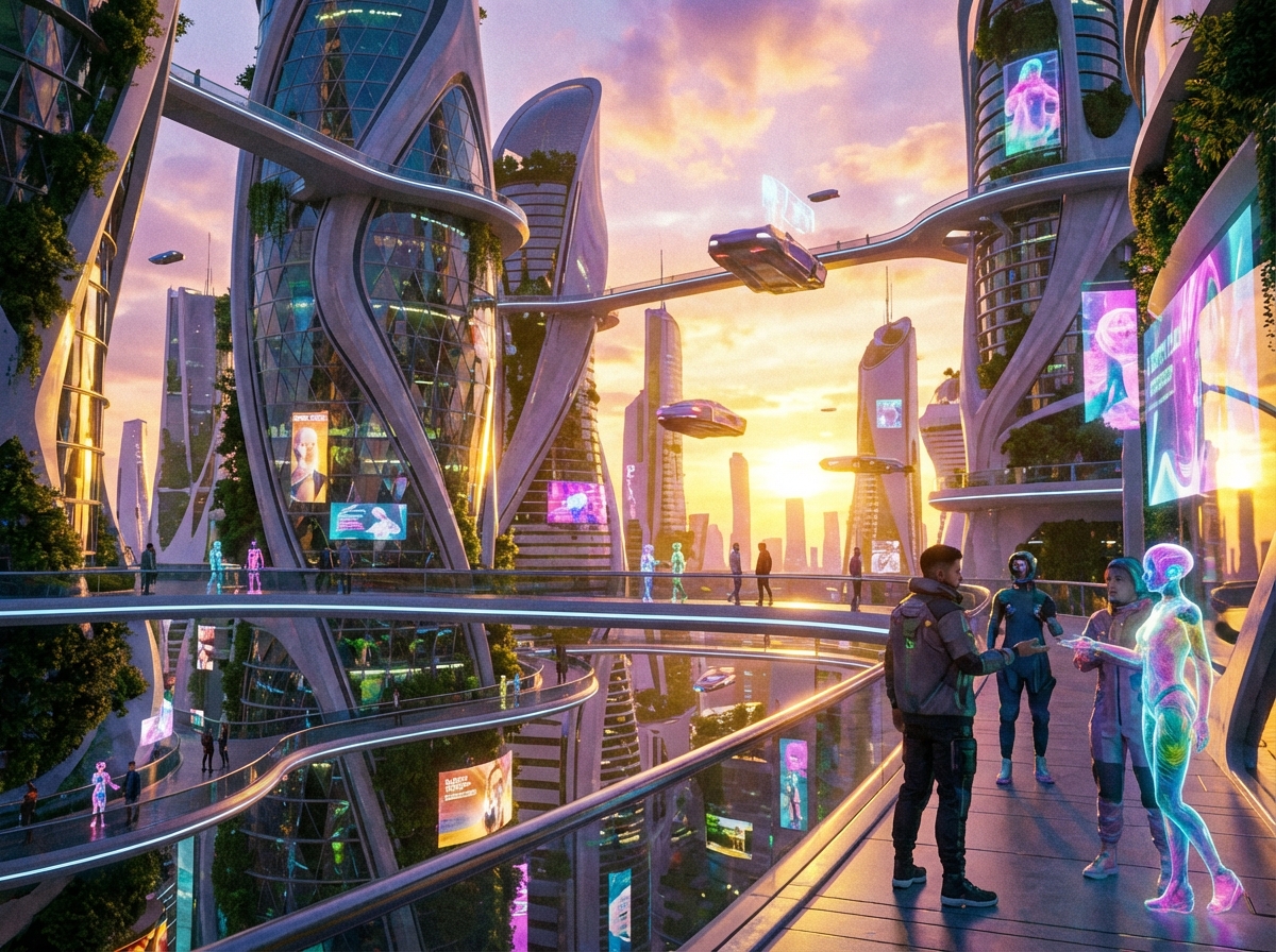 A futuristic cityscape with humans and holographic AI assistants walking together, sunset lighting, architectural masterpiece, vibrant colors, 4:3