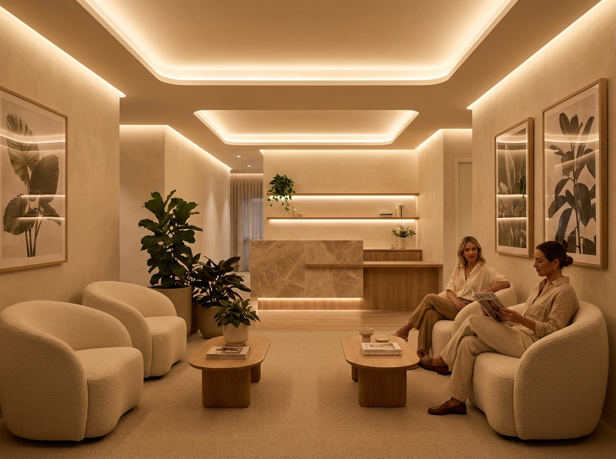 A luxurious and modern dermatology clinic interior with soft warm lighting, comfortable lounge chairs, and a serene atmosphere, realistic lifestyle photography, 4:3